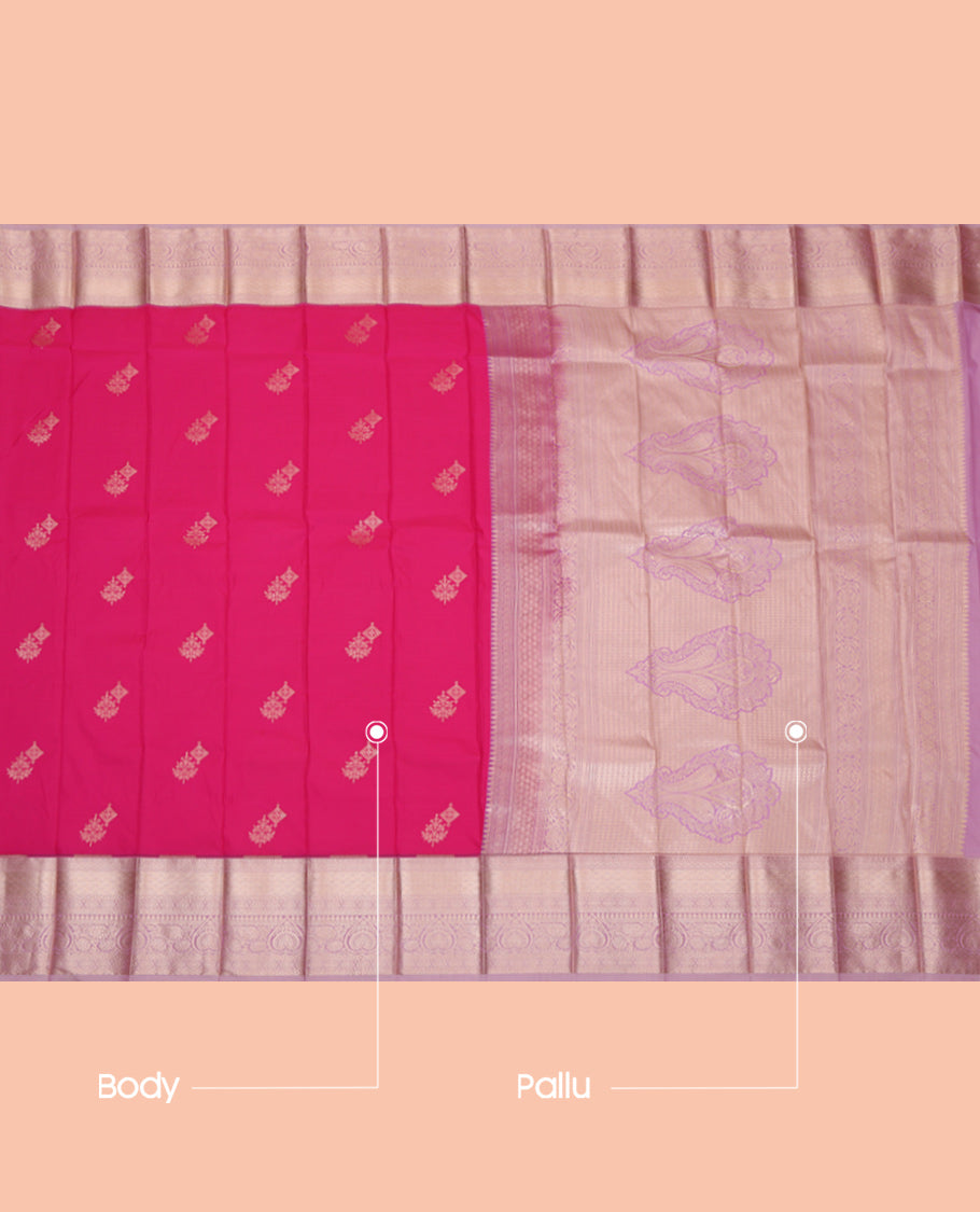 Rani Budget Silk Saree, Embellished with Zari Buttas, Complemented by a Contrast Traditional Zari Border, Grand Pallu, and a Contrast Blouse
