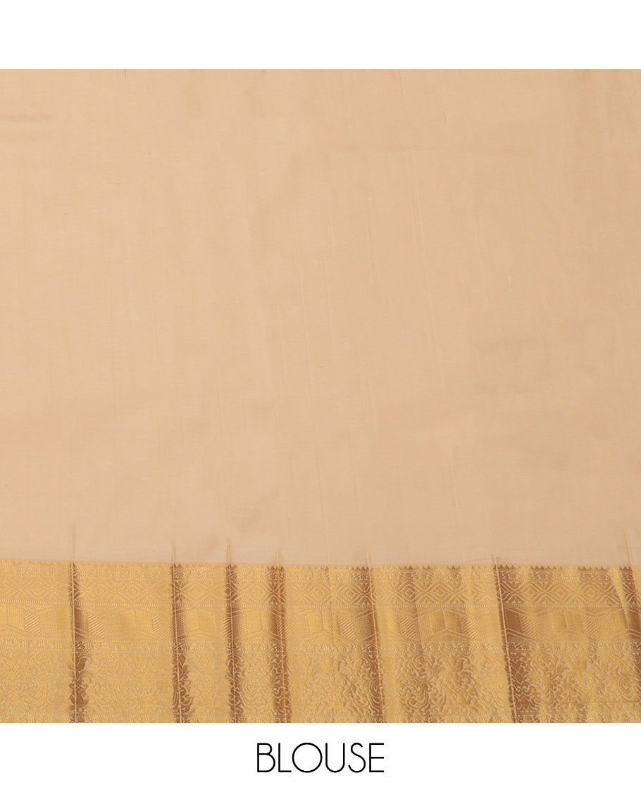 Red Budget Silk Saree, Ornamented with Zari Buttas and Stripes, Complemented by a Contrast Traditional Zari Border, Grand Pallu, and a Contrast Blouse