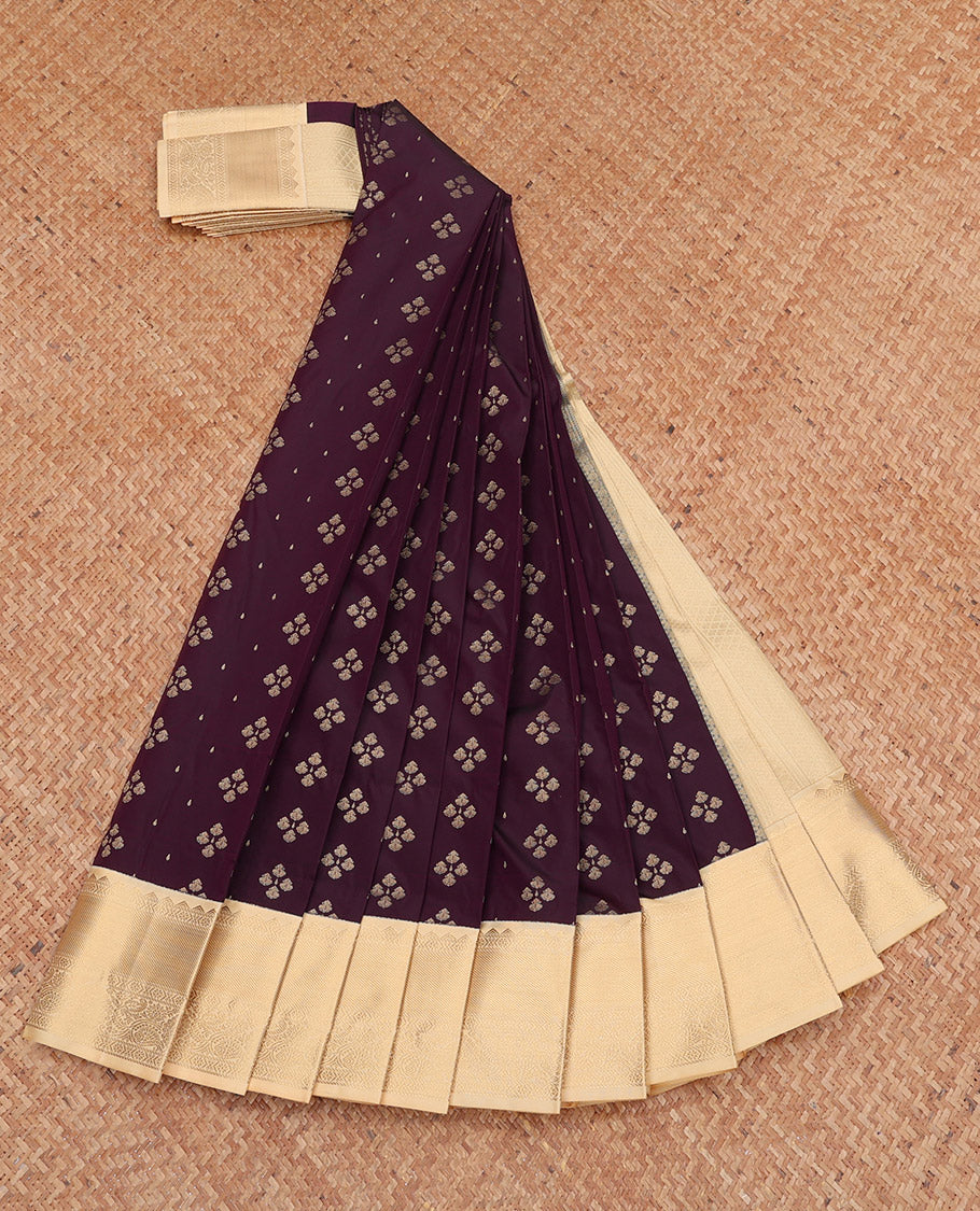 Purple Budget Silk Saree, Woven with Zari Buttas, Complemented by a Contrast Traditional Zari Border, Grand Pallu, and a Contrast Blouse