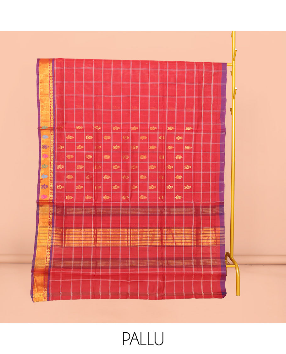Red Venkatagiri Cotton Saree Decked up with Buttas, a Contrast Zari-Thread Border, Pallu of Stripes, and No Blouse