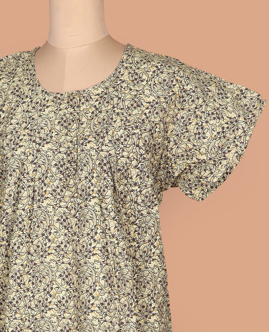Beige floral vine printed lace work round necked  half-sleeve cotton nighty