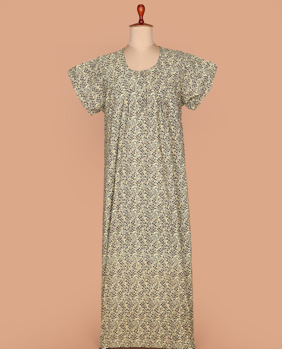 Beige floral vine printed lace work round necked  half-sleeve cotton nighty