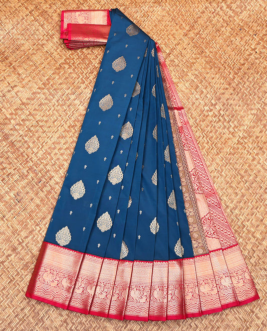Blue Budget Silk Saree, Gleamed Up with Zari Buttas on Its Body, Complemented by a Contrast Traditional Zari Design Border, Pallu of Intricate Designs, and Paired with a Contrast Blouse