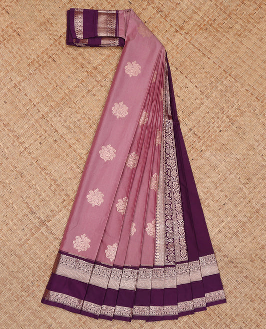 Pink Budget Silk Saree, Decked Up with Buttas, Complemented by a Contrast Traditional Zari Rettai Pettu Border, Grand Pallu, and a Contrast Blouse