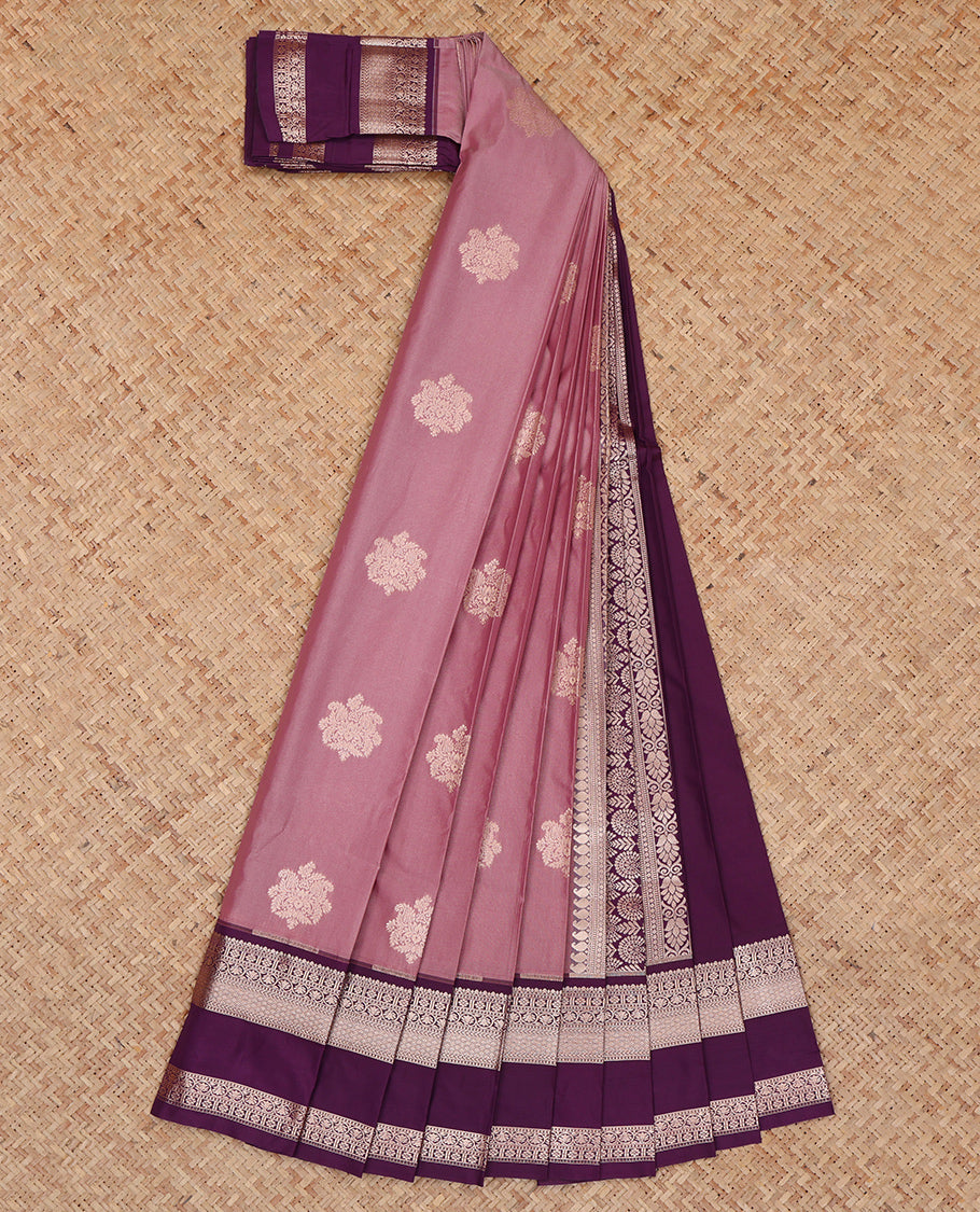 Pink Budget Silk Saree, Decked Up with Buttas, Complemented by a Contrast Traditional Zari Rettai Pettu Border, Grand Pallu, and a Contrast Blouse