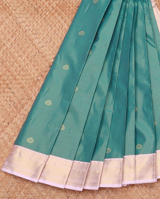 Green Budget Silk Saree, Enriched with Zari Buttas and Checks, Complemented by a Contrast Traditional Zari Border, Geometric Pallu, and a Contrast Blouse