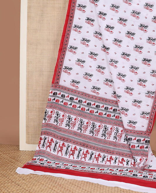 White warli motifs printed mul mul cotton saree, contrast geometric printed border & pallu of warli human motif print