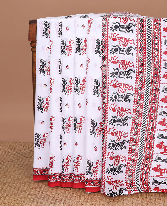 White warli motifs printed mul mul cotton saree, contrast geometric printed border & pallu of warli human motif print