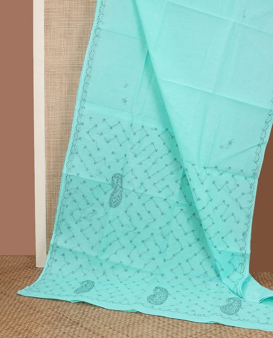 Turquoise blue floral motifs thread embroidered Lucknowi chikankari saree, scallop thread border, & floral-paisley embroidered pallu