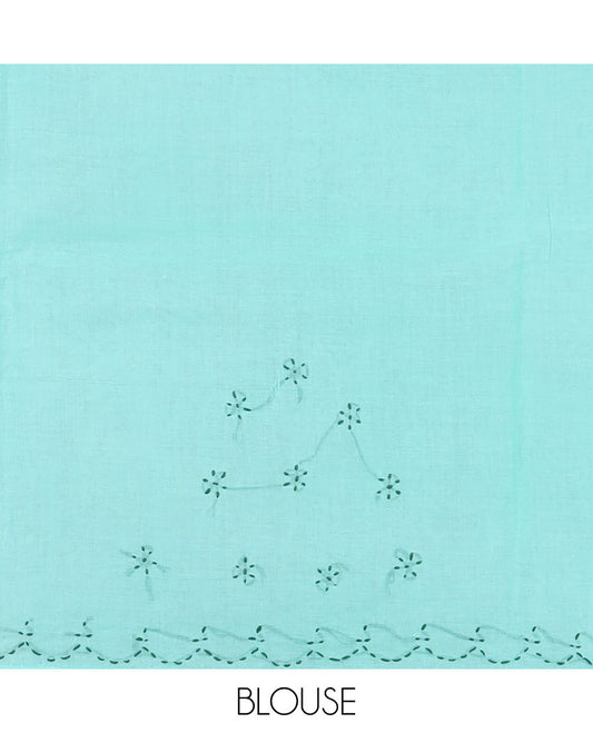 Turquoise blue floral motifs thread embroidered Lucknowi chikankari saree, scallop thread border, & floral-paisley embroidered pallu