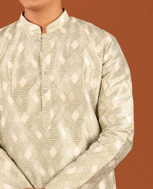 Green Jaal Pattern Textured Full-Sleeved Men's Kurta