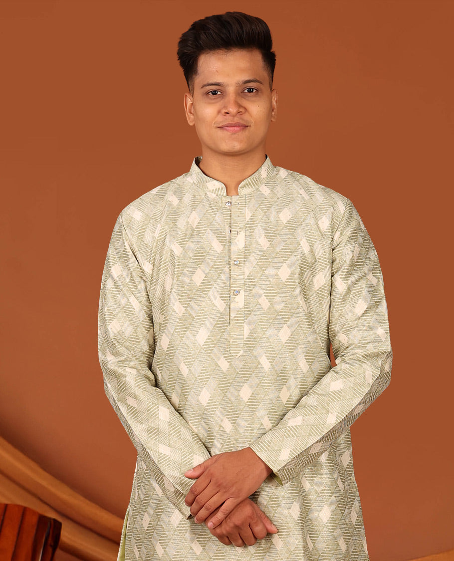 Green Jaal Pattern Textured Full-Sleeved Men's Kurta