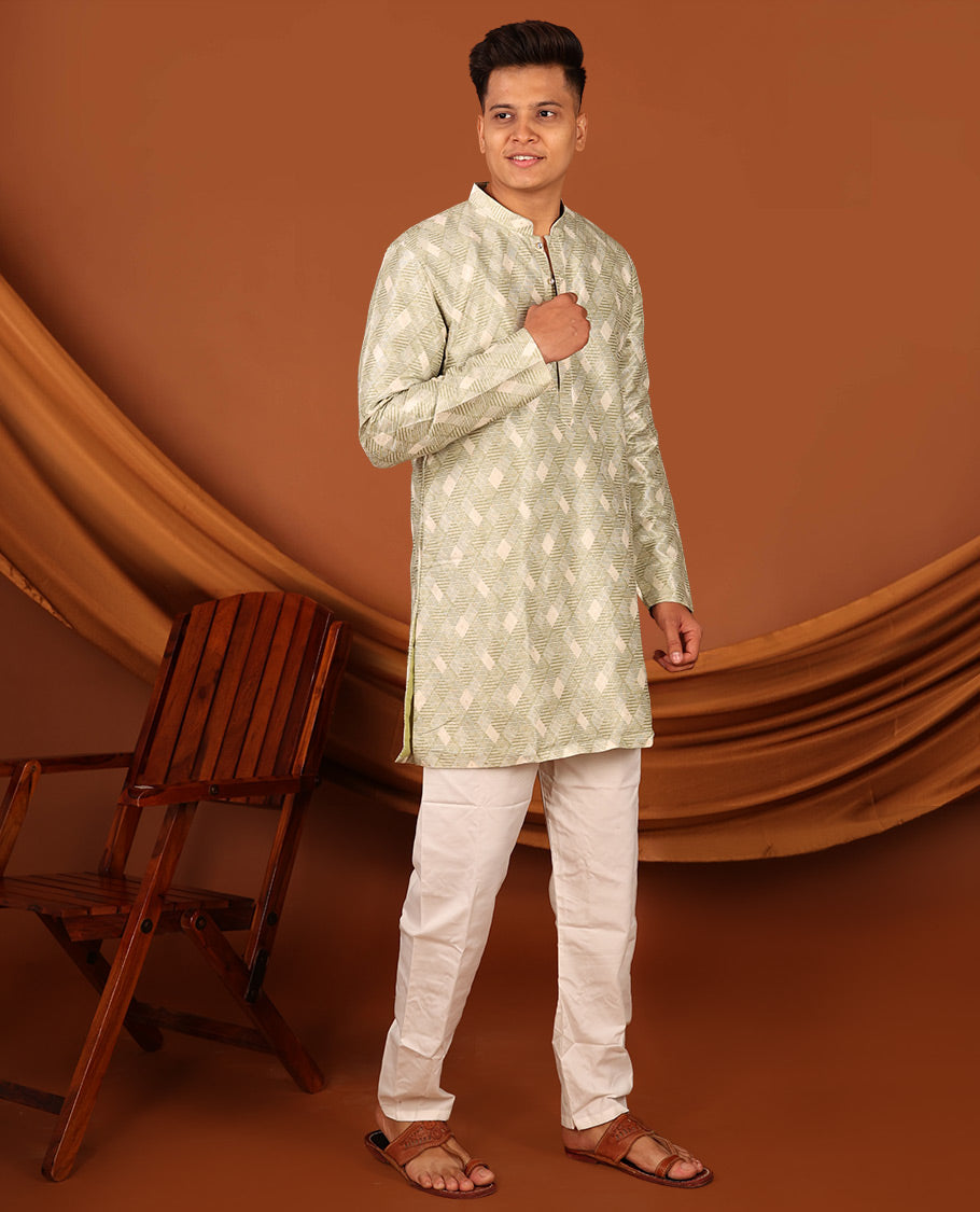 Green Jaal Pattern Textured Full-Sleeved Men's Kurta