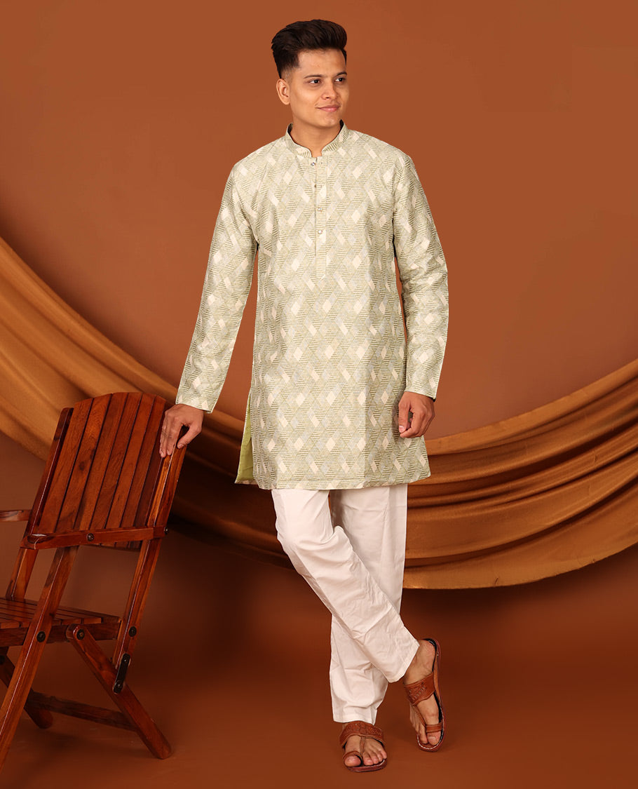 Green Jaal Pattern Textured Full-Sleeved Men's Kurta