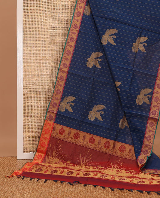 Navy blue striped & bird motifs Coimbatore cotton saree, contrast border & pallu of swan motifs