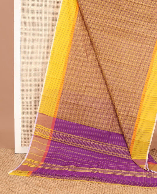 Orange checked chirala cotton saree, contrast striped border & striped pallu