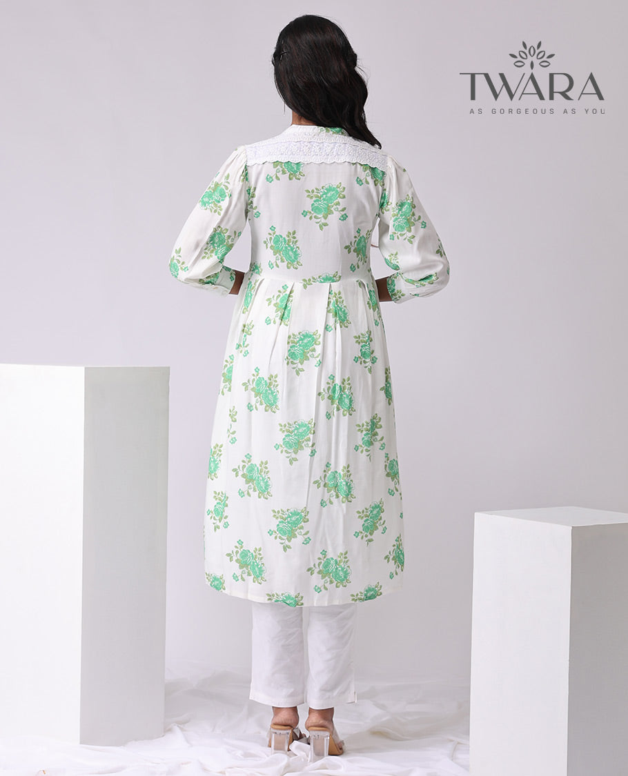 Twara white floral printed 3/4 th sleeve , knee lenght , button down kurti