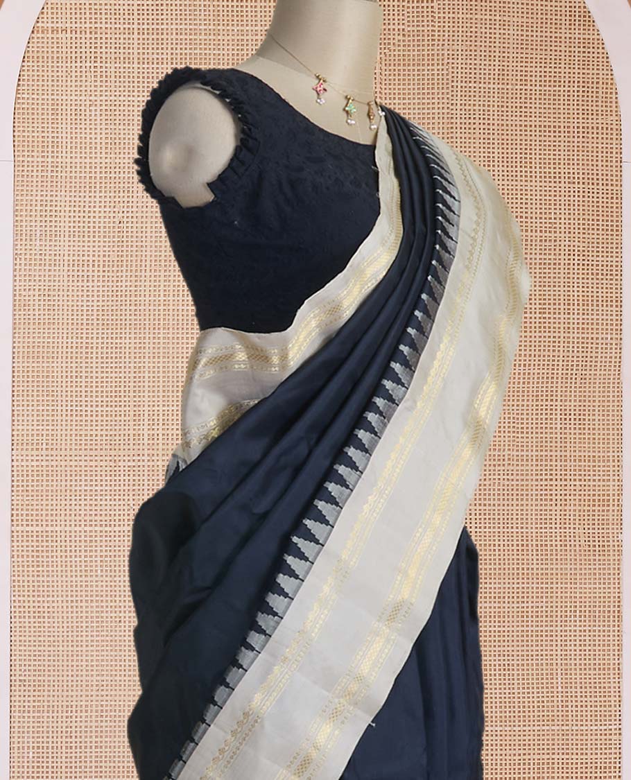 Black plain design gadwal silk saree, contrast rettai pettu temple traditional zari design border & gleaming gold zari pallu