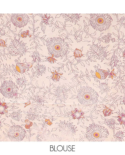 Orange intricately machine-printed kalamkari cotton saree, contrast Pichwai cow & God Krishna motif pallu