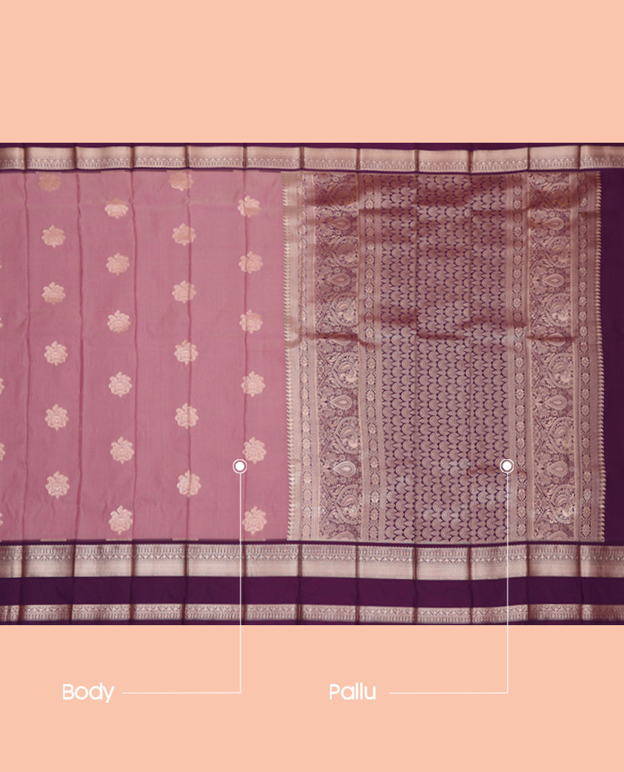 Pink Budget Silk Saree, Decked Up with Buttas, Complemented by a Contrast Traditional Zari Rettai Pettu Border, Grand Pallu, and a Contrast Blouse