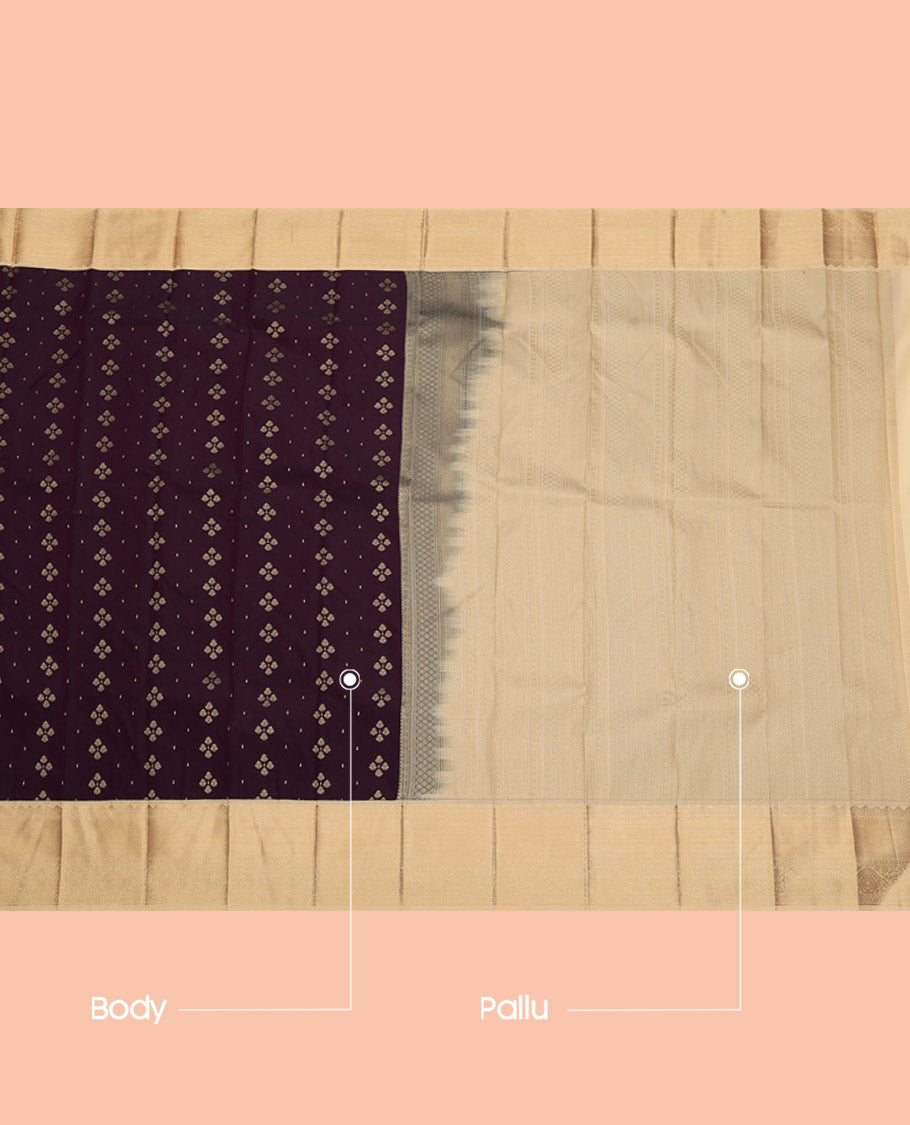 Purple Budget Silk Saree, Woven with Zari Buttas, Complemented by a Contrast Traditional Zari Border, Grand Pallu, and a Contrast Blouse