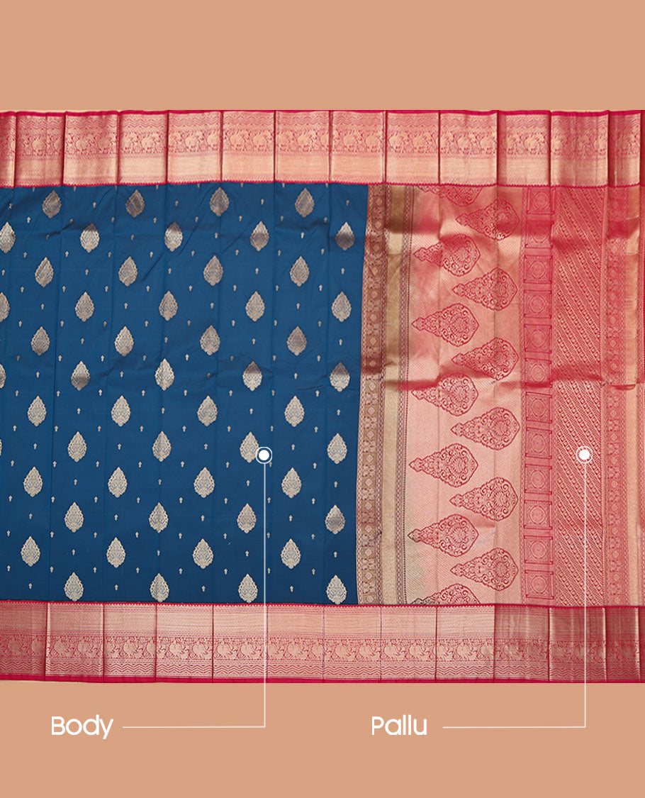 Blue Budget Silk Saree, Gleamed Up with Zari Buttas on Its Body, Complemented by a Contrast Traditional Zari Design Border, Pallu of Intricate Designs, and Paired with a Contrast Blouse