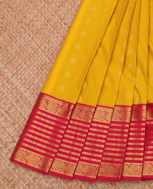 Yellow Budget Silk Saree, Sparsely Woven with Zari Buttas, Complemented by a Contrast Traditional Zari Border, Grand Pallu, and a Contrast Blouse