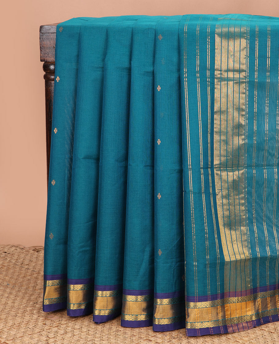 Ramar blue zari buttas Venkatagiri cotton saree, contrast traditional zari border, and striped pallu