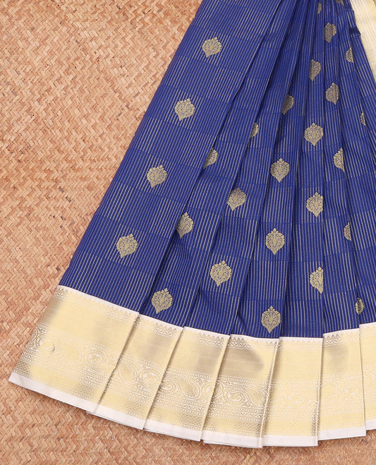 Blue Budget Silk Saree, Decked Up with Zari Buttas, Complemented by a Contrast Traditional Zari Border, Grand Pallu, and a Contrast Blouse