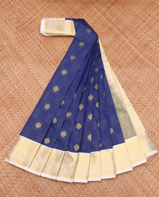 Blue Budget Silk Saree, Decked Up with Zari Buttas, Complemented by a Contrast Traditional Zari Border, Grand Pallu, and a Contrast Blouse