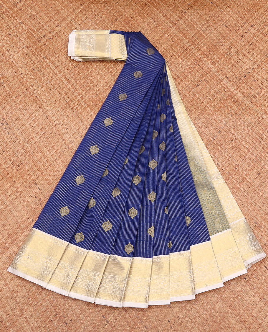 Blue Budget Silk Saree, Decked Up with Zari Buttas, Complemented by a Contrast Traditional Zari Border, Grand Pallu, and a Contrast Blouse