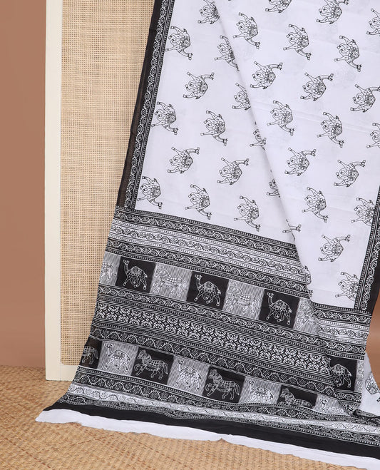 White horse motifs printed mul mul cotton saree, contrast floral creeper printed black border & animal & geometric printed pallu
