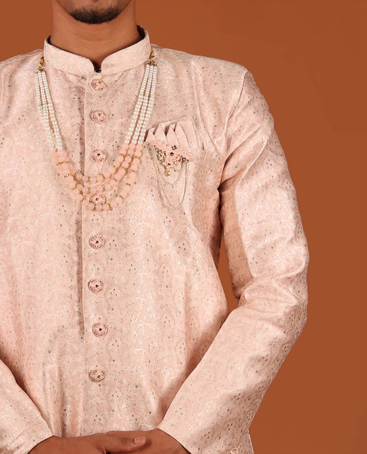 Grey Floral Embossed Full-Sleeved Men's Kurta and Has a Pants