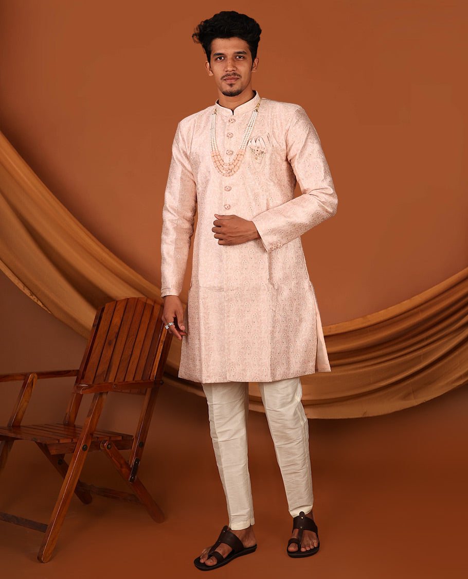 Grey Floral Embossed Full-Sleeved Men's Kurta and Has a Pants
