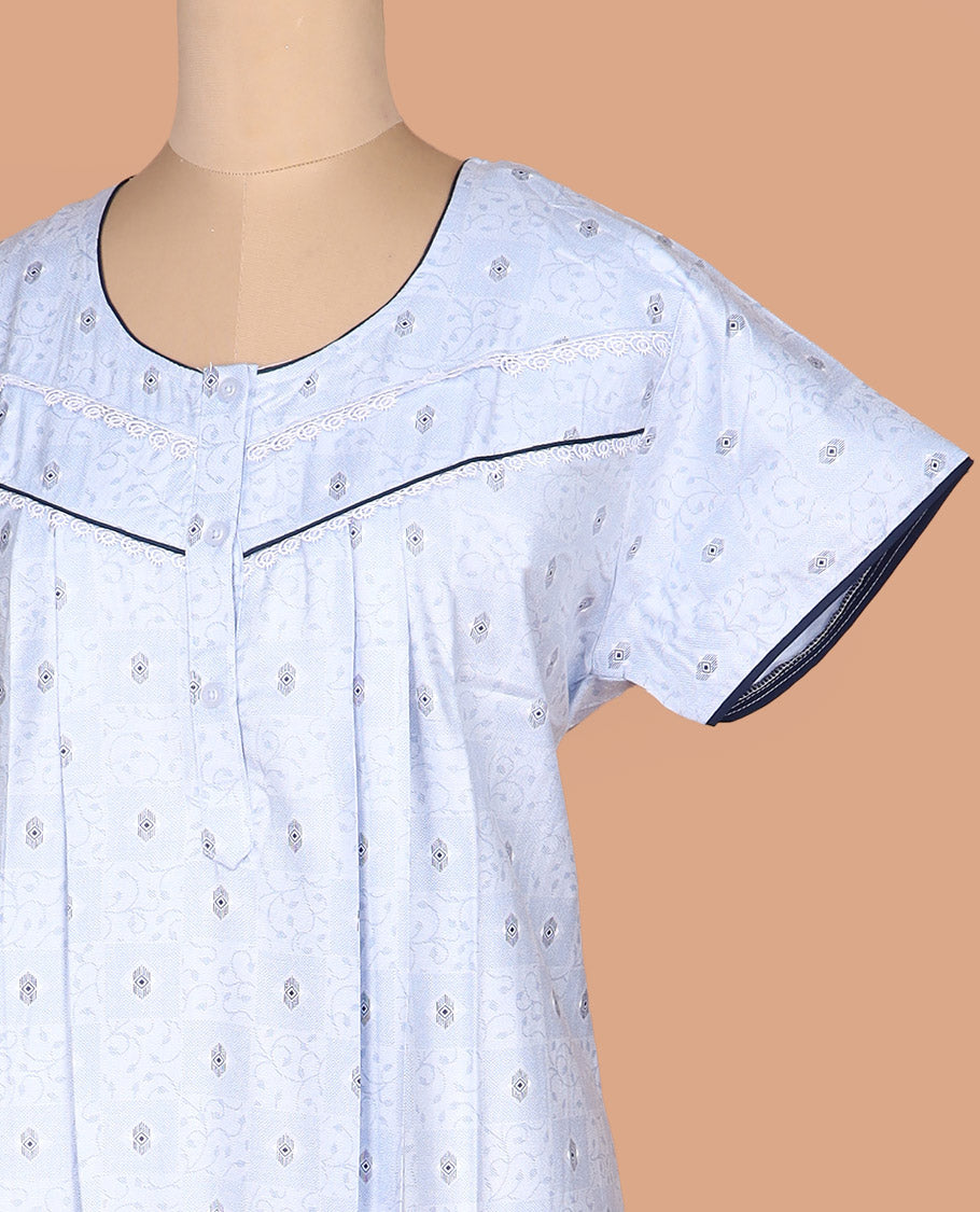 Blue uniquely printed lace work round necked half-sleeve cotton nighty
