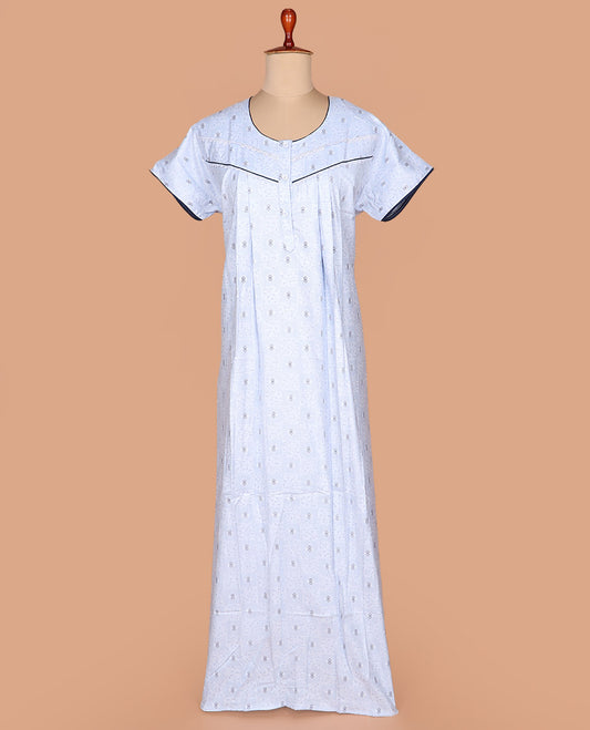 Blue uniquely printed lace work round necked half-sleeve cotton nighty