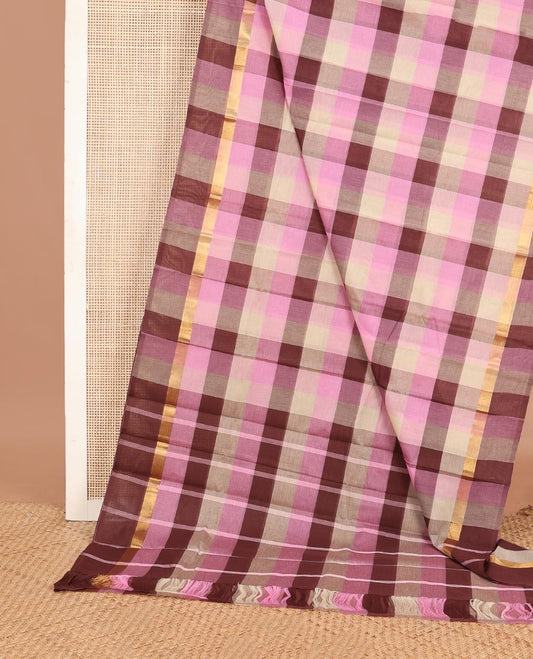Multi-hue checked chirala cotton saree, zari striped border & striped pallu