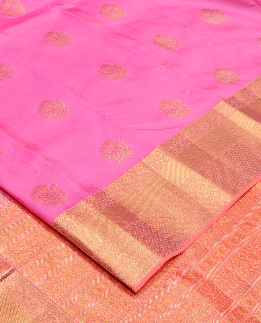 Pink zari buttas Vasundhara silk mix, contrast border, and pallu steeped with traditional zari designs