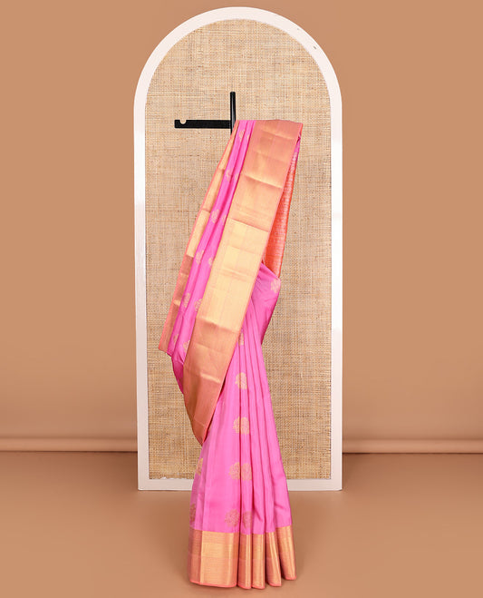Pink zari buttas Vasundhara silk mix, contrast border, and pallu steeped with traditional zari designs