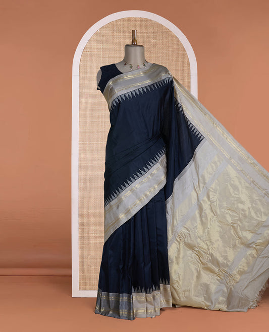 Black plain design gadwal silk saree, contrast rettai pettu temple traditional zari design border & gleaming gold zari pallu