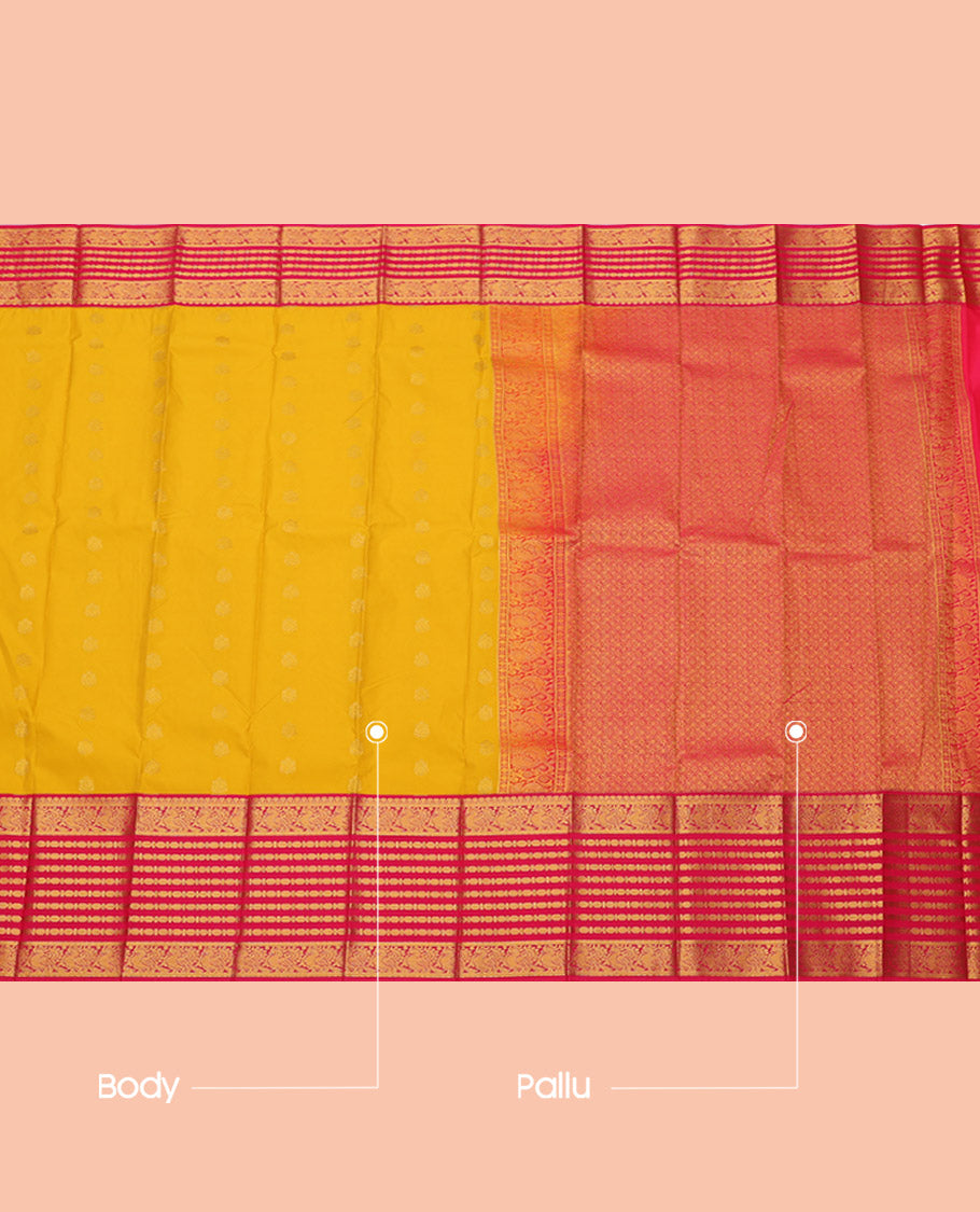 Yellow Budget Silk Saree, Sparsely Woven with Zari Buttas, Complemented by a Contrast Traditional Zari Border, Grand Pallu, and a Contrast Blouse
