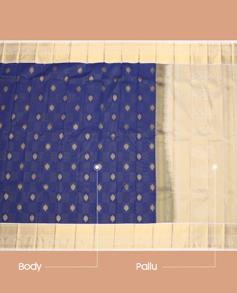 Blue Budget Silk Saree, Decked Up with Zari Buttas, Complemented by a Contrast Traditional Zari Border, Grand Pallu, and a Contrast Blouse