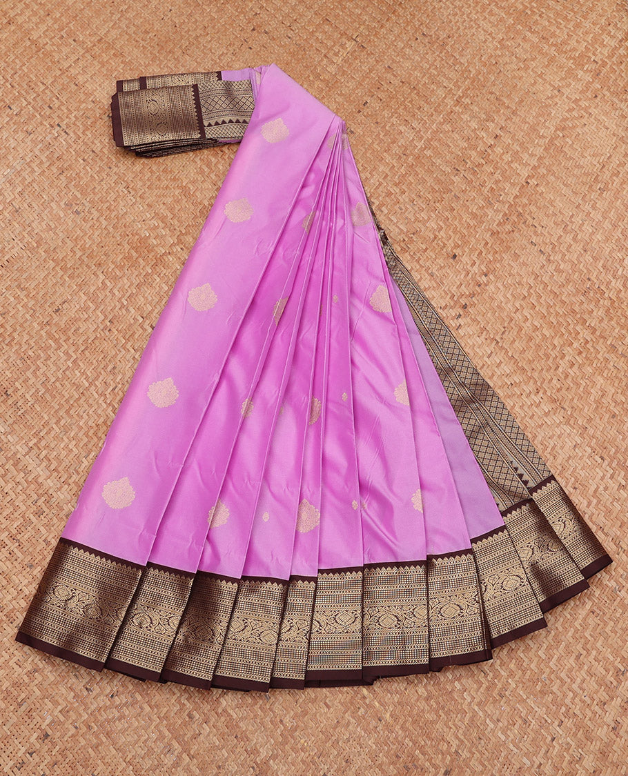 Purple Budget Silk Saree, Bedecked with Zari Buttas, Complemented by a Contrast Traditional Zari Border, Jaal Pallu, and a Contrast Blouse