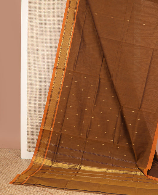 Brown zari buttas Venkatagiri cotton saree, contrast traditional zari border, and striped pallu