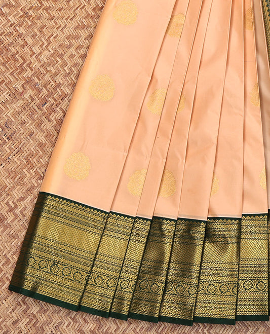 Peach Budget Silk Saree, Woven with Zari Buttas on Its Body, Complemented by a Contrast Traditional Zari Design Border, Grand Jaal Pallu, and Paired with a Contrast Blouse