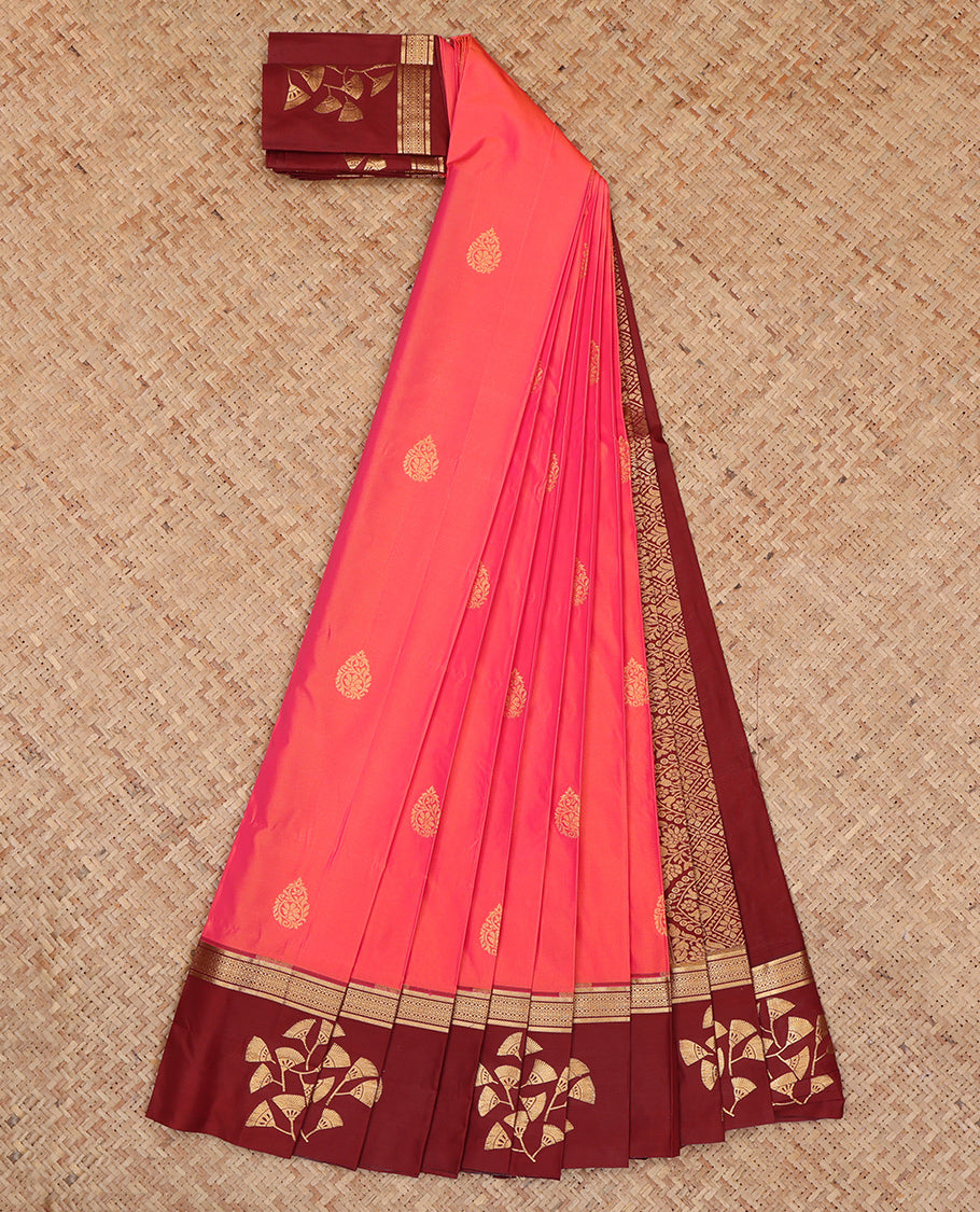 Pink Budget Silk Saree, Graced with Zari Buttas, Complemented by a Contrast Traditional Zari Border, Grand Pallu, and a Contrast Blouse