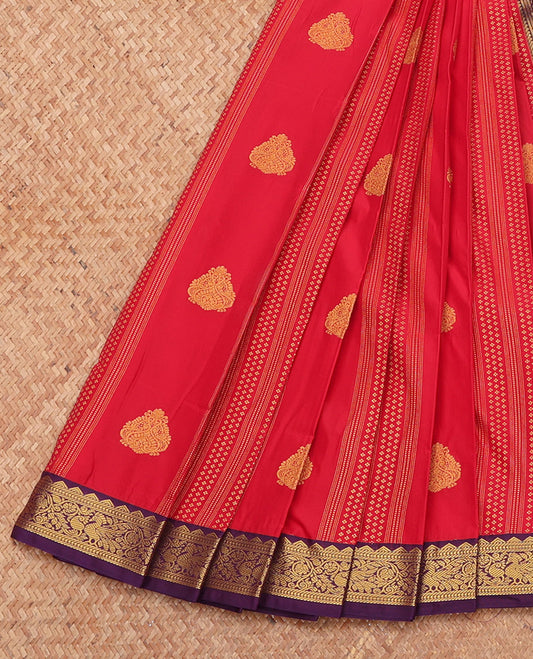 Red Budget Silk Saree, Elevated with Zari Buttas, Complemented by a Contrast Traditional Zari Border, Grand Pallu, and a Contrast Blouse