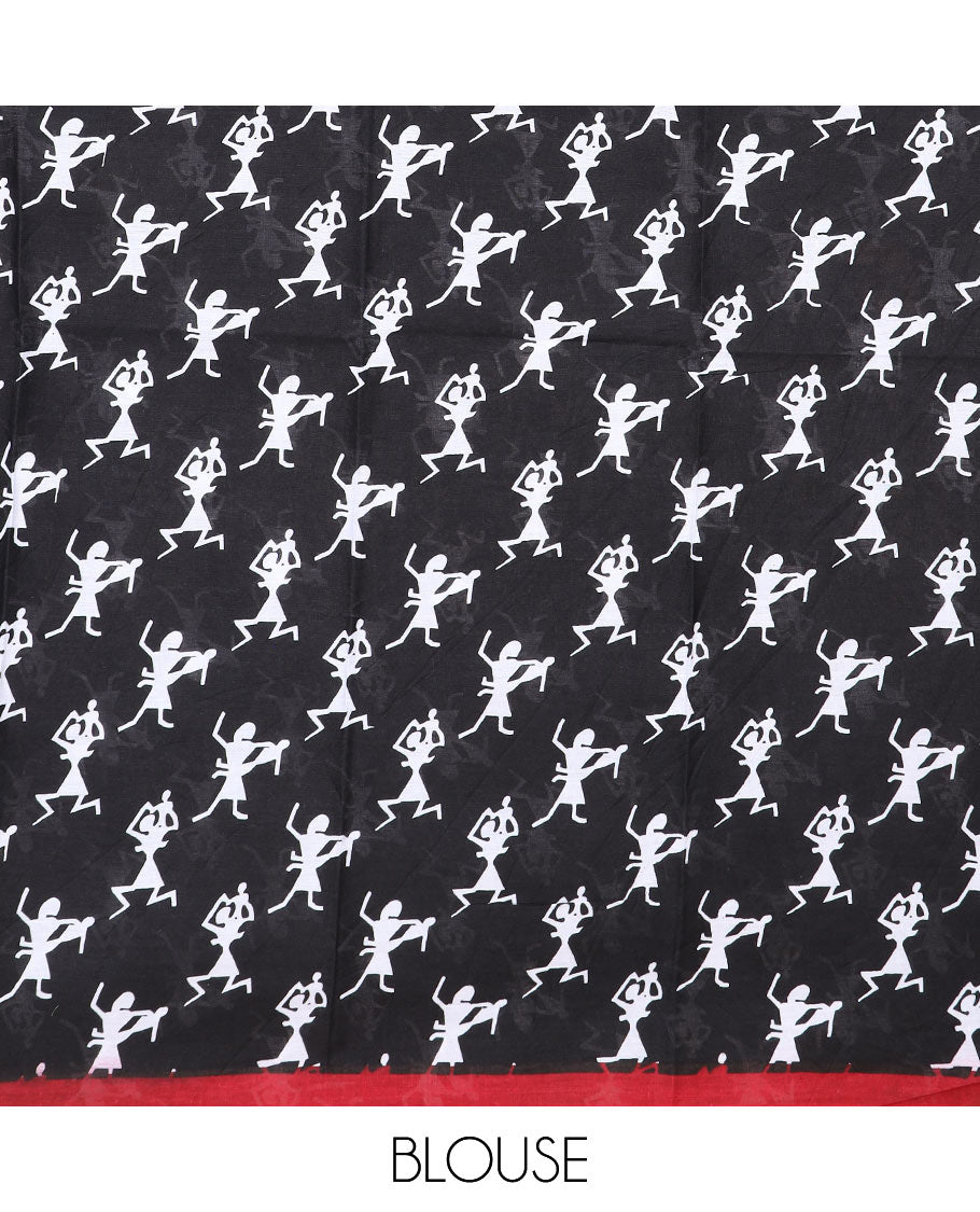 White warli village printed mul mul cotton saree, contrast warli printed black border & pallu of warli motifs print