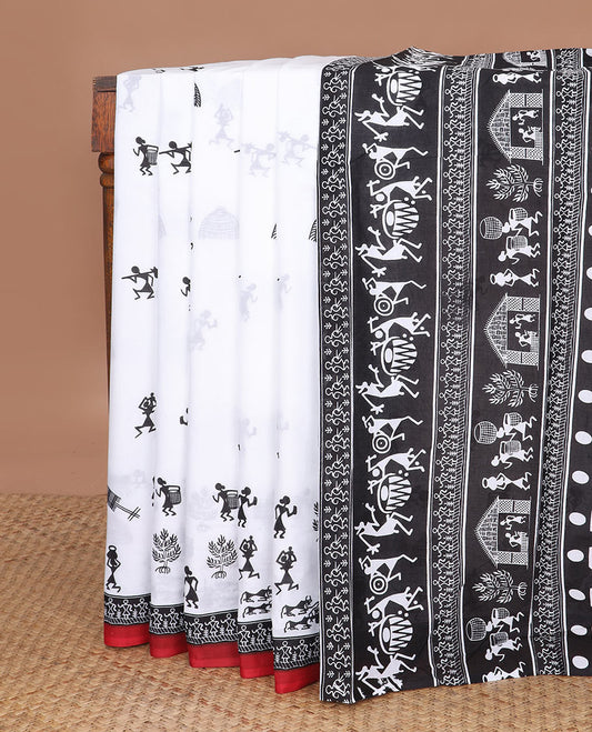 White warli village printed mul mul cotton saree, contrast warli printed black border & pallu of warli motifs print
