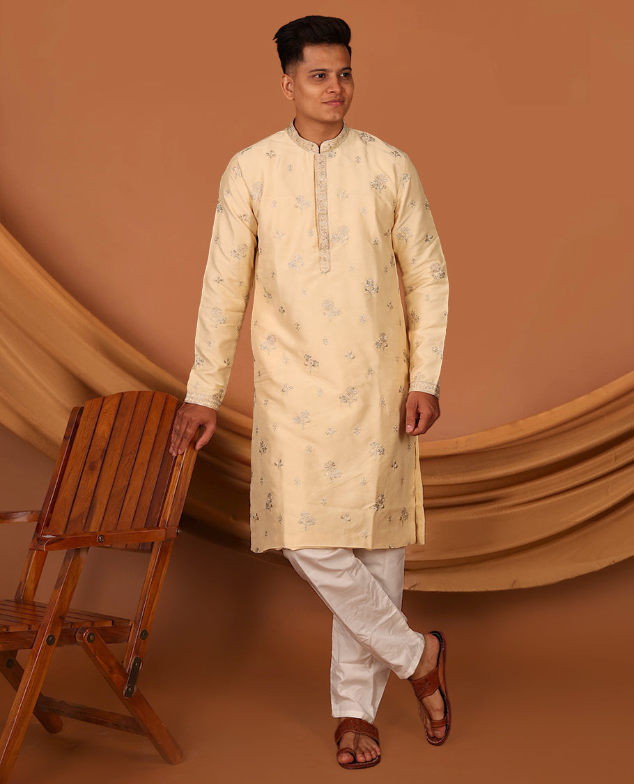 Light Sandal Floral Motifs Thread Embroidered Full-Sleeved Men's Kurta and Comes with Contrast Pants